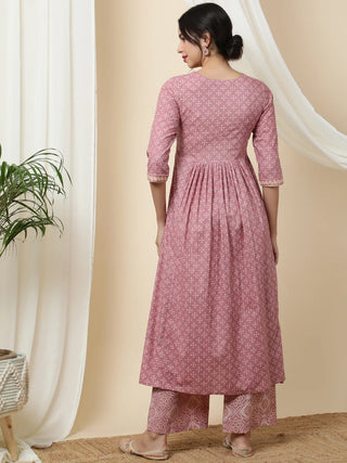 Pink Viscose Rayon Printed Kurta Bottom Set
