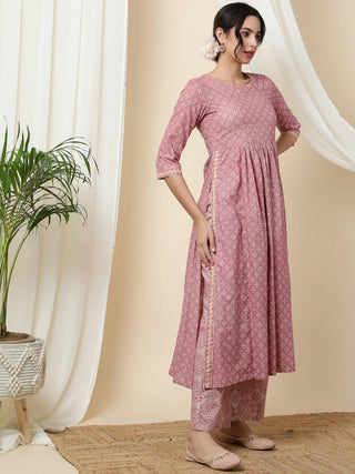 Pink Viscose Rayon Printed Kurta Bottom Set
