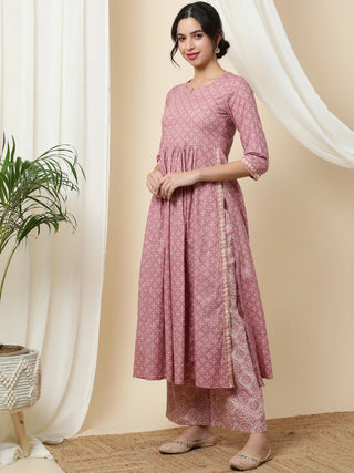 Pink Viscose Rayon Printed Kurta Bottom Set