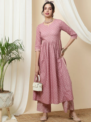 Pink Viscose Rayon Printed Kurta Bottom Set