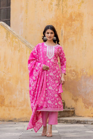 Pink Cotton Blend Printed Suit Set with Dupatta