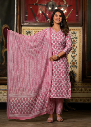 Pink Viscose Printed Straight Cut Kurta Pant Set with Chanderi Cotton Dupatta