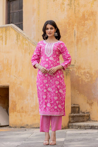 Pink Cotton Blend Printed Suit Set with Dupatta