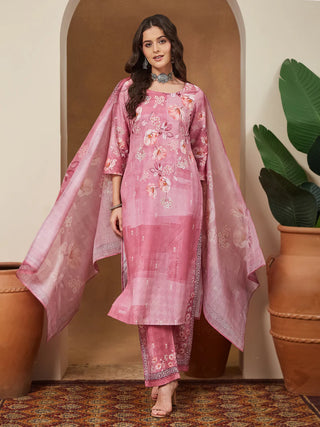 Pink Cotton Blend Floral Print Suit Set with Mave Chanderi Blend Dupatta