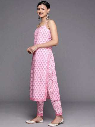 Pink Cotton Printed Suit Set with Dupatta