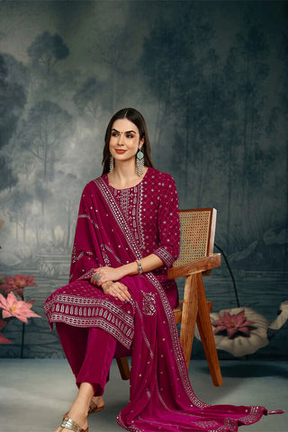 Pink Velvet Ethnic Motif Printed Straight Shape Suit Set with Dupatta