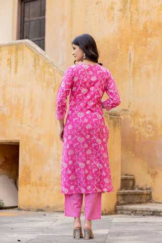 Pink Cotton Blend Printed Suit Set with Dupatta