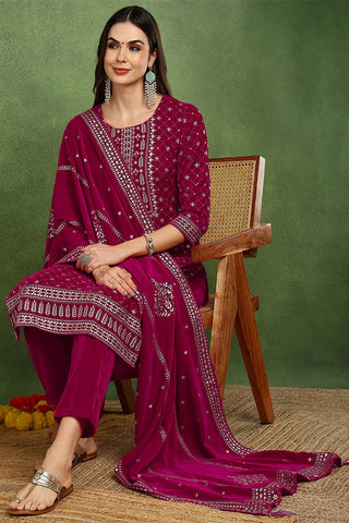 Pink Velvet Ethnic Motif Printed Straight Shape Suit Set with Dupatta