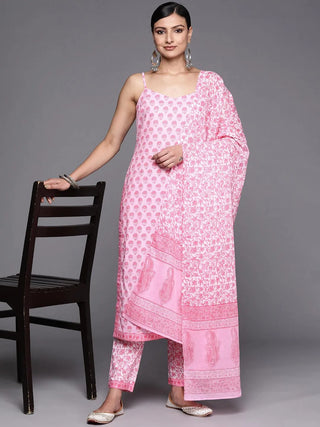 Pink Cotton Printed Suit Set with Dupatta