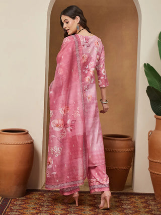 Pink Cotton Blend Floral Print Suit Set with Mave Chanderi Blend Dupatta
