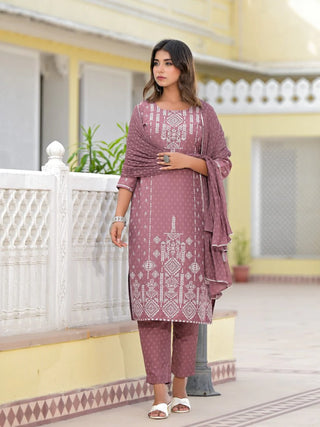 Pink Viscose Ethnic Motif Printed Suit Set with Dupatta