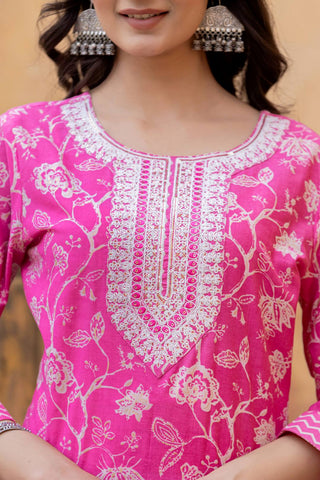 Pink Cotton Blend Printed Suit Set with Dupatta