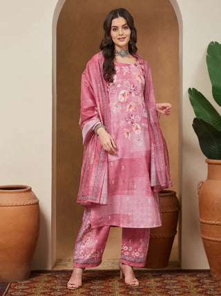 Pink Cotton Blend Floral Print Suit Set with Mave Chanderi Blend Dupatta