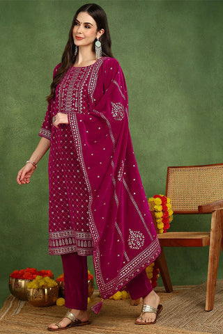 Pink Velvet Ethnic Motif Printed Straight Shape Suit Set with Dupatta