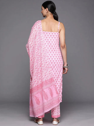 Pink Cotton Printed Suit Set with Dupatta