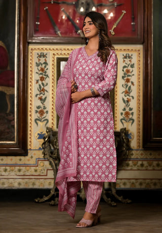 Pink Viscose Printed Straight Cut Kurta Pant Set with Chanderi Cotton Dupatta