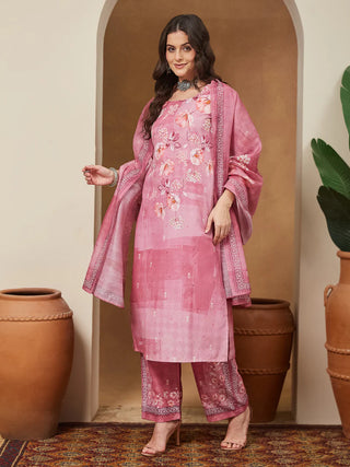 Pink Cotton Blend Floral Print Suit Set with Mave Chanderi Blend Dupatta