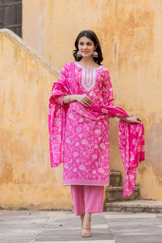 Pink Cotton Blend Printed Suit Set with Dupatta