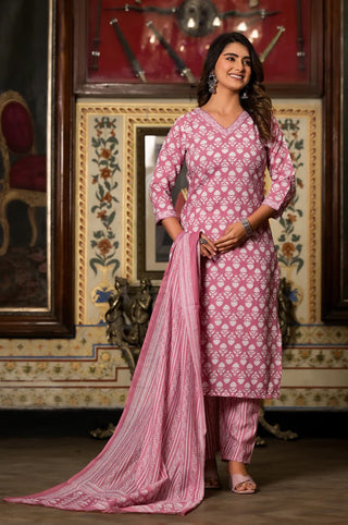 Pink Viscose Printed Straight Cut Kurta Pant Set with Chanderi Cotton Dupatta