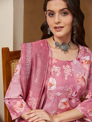 Pink Cotton Blend Floral Print Suit Set with Mave Chanderi Blend Dupatta