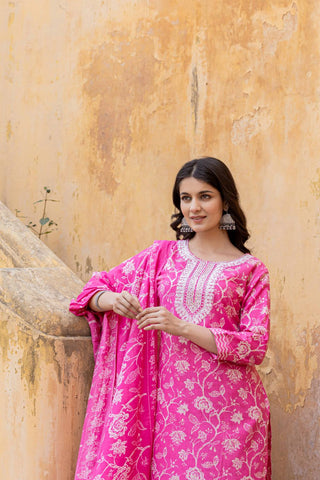 Pink Cotton Blend Printed Suit Set with Dupatta