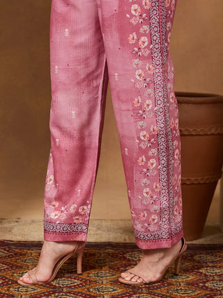 Pink Cotton Blend Floral Print Suit Set with Mave Chanderi Blend Dupatta