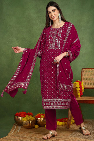 Pink Velvet Ethnic Motif Printed Straight Shape Suit Set with Dupatta