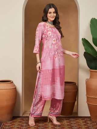 Pink Cotton Blend Floral Print Suit Set with Mave Chanderi Blend Dupatta