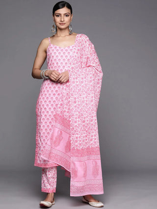 Pink Cotton Printed Suit Set with Dupatta