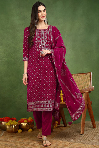 Pink Velvet Ethnic Motif Printed Straight Shape Suit Set with Dupatta