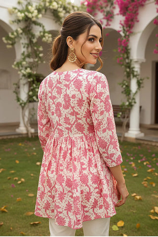 Off White & Pink Cotton Peplum Style Floral Print Kurta