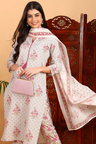 Pink Rayon Blend Printed Straight Shape Suit Set with Dupatta