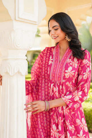 Pink Cotton Blend Floral Embroidered Suit Set with Dupatta