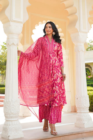Pink Cotton Blend Floral Embroidered Suit Set with Dupatta