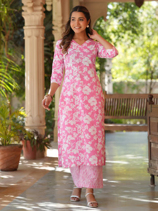 Baby Pink Cotton Floral Print Kurta Pant Set