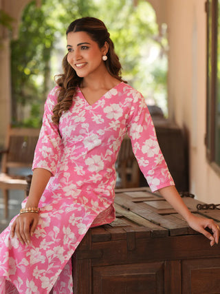 Baby Pink Cotton Floral Print Kurta Pant Set