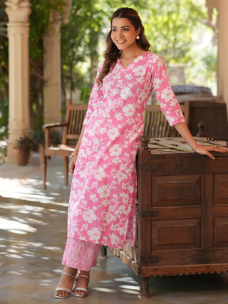 Baby Pink Cotton Floral Print Kurta Pant Set