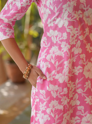 Baby Pink Cotton Floral Print Kurta Pant Set