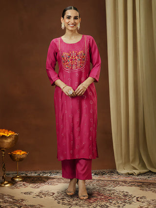 Pink Silk Blend Floral Embroidered Kurta Bottom Set