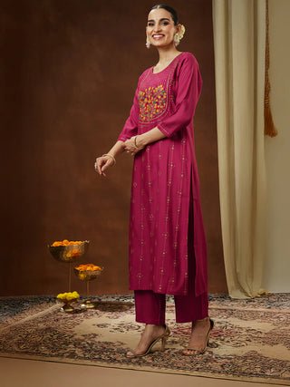 Pink Silk Blend Floral Embroidered Kurta Bottom Set