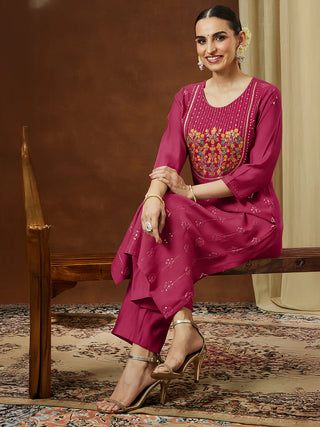 Pink Silk Blend Floral Embroidered Kurta Bottom Set