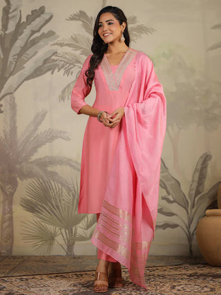 Pink Silk Blend Embroidered Suit Set with Chanderi Dupatta