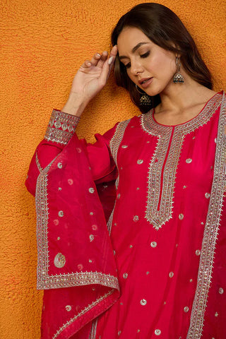 Pink Silk Blend Embroidered Straight Shape Suit Set with Dupatta