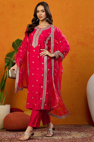 Pink Silk Blend Embroidered Straight Shape Suit Set with Dupatta