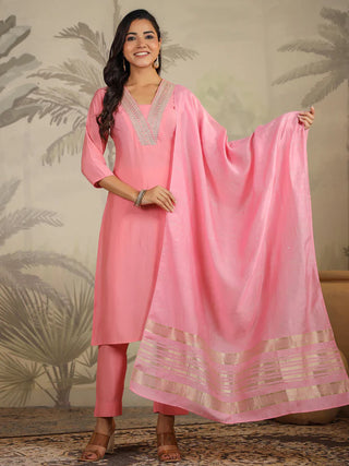 Pink Silk Blend Embroidered Suit Set with Chanderi Dupatta