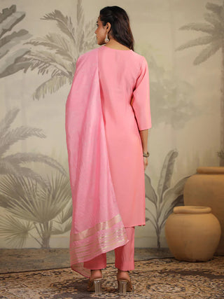 Pink Silk Blend Embroidered Suit Set with Chanderi Dupatta