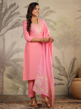 Pink Silk Blend Embroidered Suit Set with Chanderi Dupatta