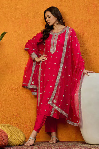 Pink Silk Blend Embroidered Straight Shape Suit Set with Dupatta