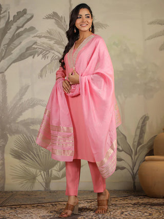 Pink Silk Blend Embroidered Suit Set with Chanderi Dupatta