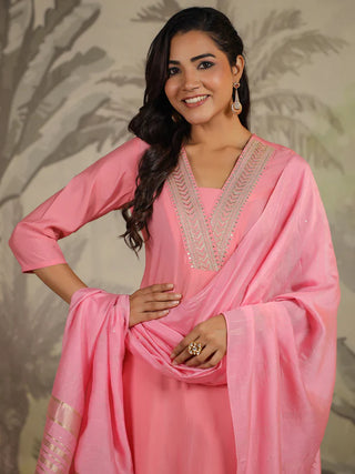 Pink Silk Blend Embroidered Suit Set with Chanderi Dupatta